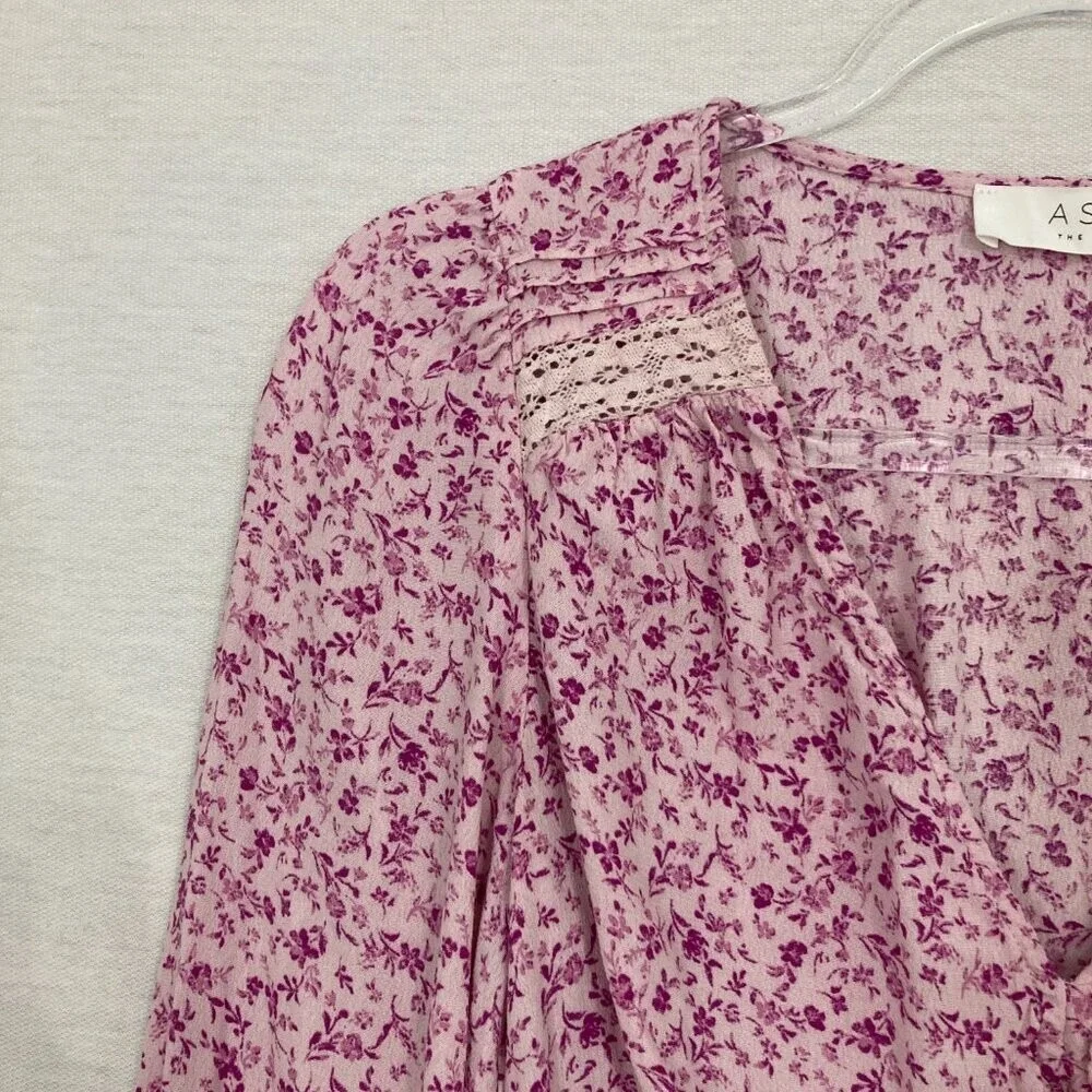 ASTR Purple Ditsy Floral Lace Mock Detail Puff Sleeve Crop Top Small‎